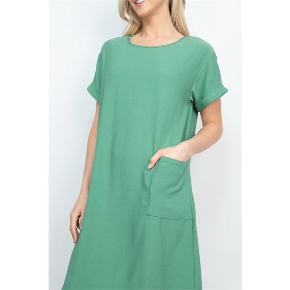 Green Rolled Sleeve Shift Dress with Pockets - Picture 2 of 8